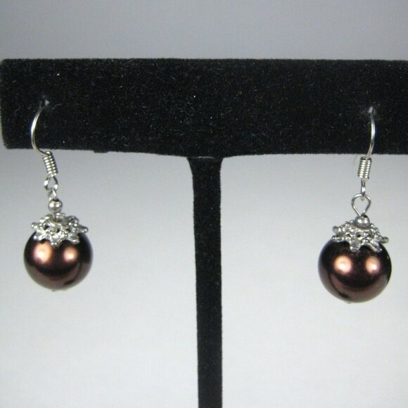 Earring Pierced 1.1 in Jewelry Beaded  Dangle Wire Hook Brown Silvetone - Picture 1 of 5